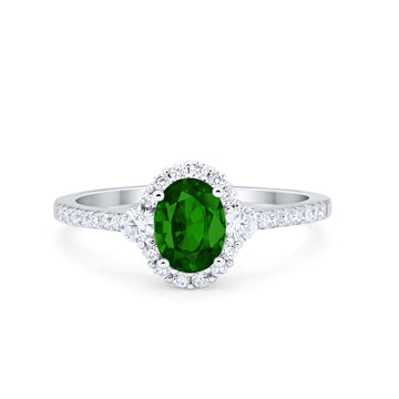Art Deco Halo Oval Wedding Ring Simulated Green Emerald CZ 925 Sterling Silver